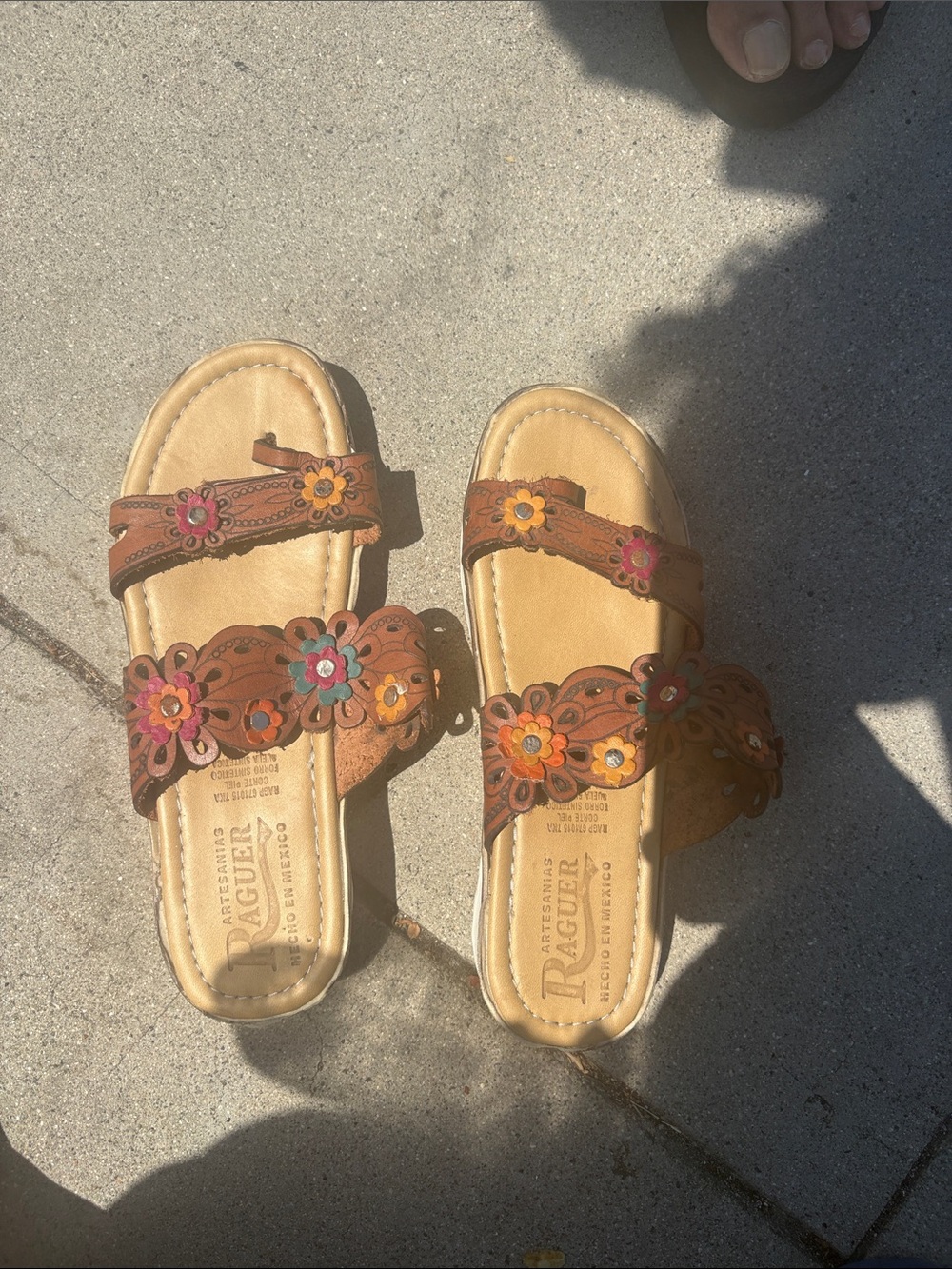 Rieker Tan Floral Leather Slide Sandals with Multicolor Accents
